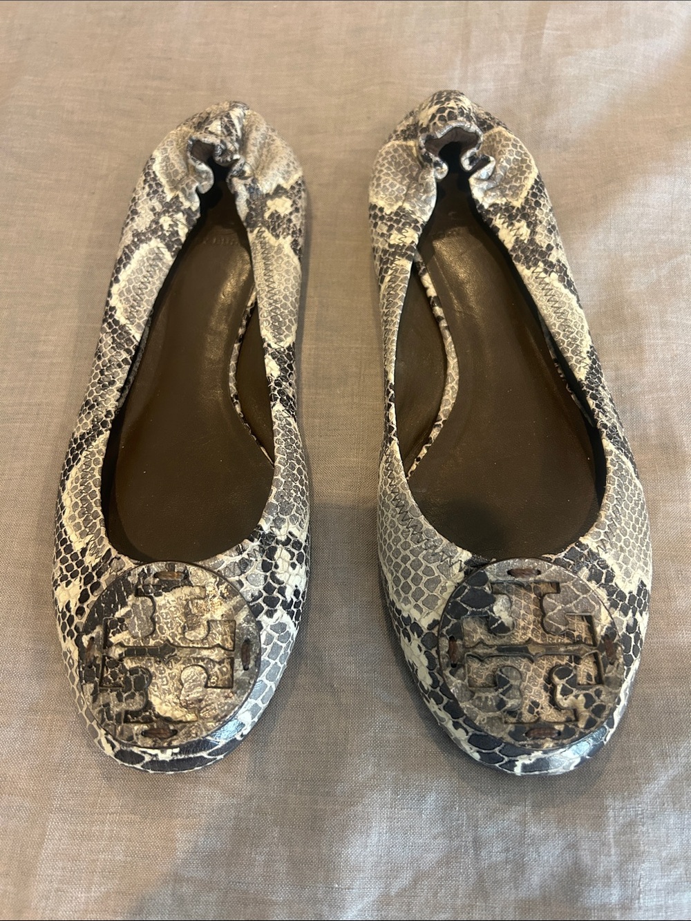Tory Burch Snake-Print Reva Ballet Flats in Black & Cream